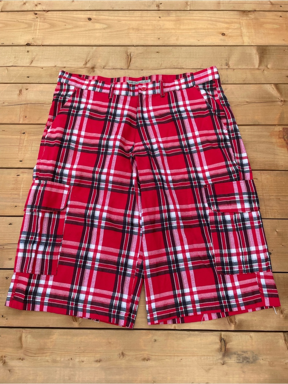 Y2K Beyond The Limit Plaid Red Cargo Shorts with Utility Pockets